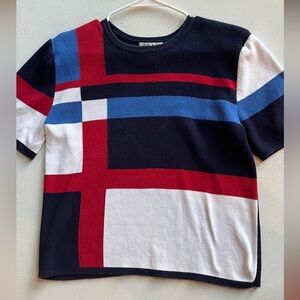 Geometric Colorblock 100% Cotton Short Sleeve Sweater - Navy, Red, White, Blue